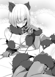 Rule 34 | 1girl, absurdres, animal ears, arm support, blush, breasts, cleavage, closed mouth, elbow gloves, eyes visible through hair, fake tail, fate/grand order, fate (series), flexible, fur-trimmed gloves, fur collar, fur trim, gloves, greyscale, hair over one eye, highres, lace, lace-trimmed legwear, lace trim, large breasts, looking at viewer, mash kyrielight, mash kyrielight (dangerous beast), monochrome, navel, nina (pastime), nose blush, novel illustration, o-ring, o-ring top, official alternate costume, official art, revealing clothes, shiny skin, short hair, sitting, solo, tail, thighhighs, thighs, wolf ears, wolf tail, yamoge (kakuzatou), yokozuwari