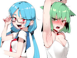 Rule 34 | 2girls, animal ears, aqua hair, arm up, armpits, bad id, bad twitter id, blue sailor collar, blush, breasts, character request, cleavage, ear piercing, glasses, green hair, highres, korean commentary, long hair, low twintails, medium breasts, multiple girls, neckerchief, nose blush, open mouth, piercing, red eyes, red neckerchief, sailor collar, sd bigpie, sharp teeth, short hair, short sleeves, simple background, tank top, teeth, twintails, upper body, white background, white tank top, yellow eyes