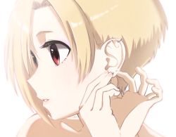 Rule 34 | 1girl, adjusting earrings, asymmetrical bangs, bare shoulders, blonde hair, child, collarbone, ear piercing, earrings, eyelashes, female focus, fingernails, flat chest, hair over one eye, hands up, idolmaster, idolmaster cinderella girls, jewelry, looking away, looking to the side, namco, neck, no bra, nude, parted lips, piercing, portrait, red eyes, shirasaka koume, short hair, simple background, solo, topless frame, unworn clothes, vivid (key), white background