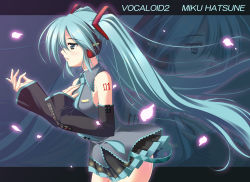 Rule 34 | 1girl, :o, aqua hair, bare legs, belt, blush, cowboy shot, detached sleeves, from side, hair ornament, hatsune miku, headgear, headphones, leaning forward, letterboxed, long hair, miniskirt, necktie, open mouth, pleated skirt, profile, skirt, skywaker, solo, standing, tattoo, thighs, twintails, very long hair, vocaloid, zoom layer