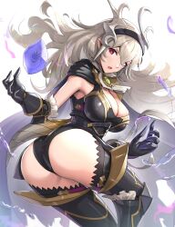 Rule 34 | 1girl, ass, ass focus, blush, breasts, corrin (female) (fire emblem), corrin (fire emblem), fire emblem, fire emblem fates, from behind, gloves, gonzarez, grey hair, highres, huge ass, large breasts, leotard, long hair, looking at viewer, looking back, nintendo, open mouth, red eyes, sideboob, solo, thighhighs, very long hair