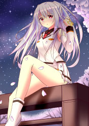 Rule 34 | 10s, absurdres, breasts, cherry blossoms, detached sleeves, highres, isla (plastic memories), long hair, outdoors, panties, pantyshot, plastic memories, pleated skirt, red eyes, silver hair, sitting, skirt, solo, tongtongtong, underwear, white legwear, white skirt
