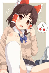 Rule 34 | +++, 1girl, alternate costume, animal print, backpack, bag, benikurage (cookie), black skirt, blue bow, blush, border, bow, bowtie, brown eyes, brown hair, brown sweater, cat print, cherry, collarbone, collared shirt, commentary request, contemporary, cookie (touhou), fang, feet out of frame, food, frilled hair tubes, frills, fruit, green background, hair bow, hair tubes, hakurei reimu, highres, kneehighs, long sleeves, looking at viewer, marine (46586031), open mouth, panties, pantyshot, parted bangs, red bow, shirt, short hair, simple background, skirt, socks, solo, spoken food, sweater, touhou, underwear, white border, white panties, white shirt, white socks, wing collar