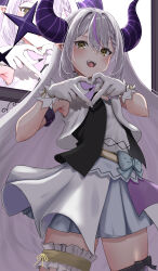 Rule 34 | 1girl, absurdres, blonde hair, braid, braided bangs, breasts, demon horns, grey hair, heart, heart hands, highres, hololive, hololive idol uniform, horns, kamisaka shyou, la+ darknesss, long hair, looking at viewer, multicolored hair, official alternate costume, open mouth, pointy ears, purple hair, shirt, single braid, skirt, small breasts, smile, solo, streaked hair, tail, teeth, upper teeth only, very long hair, vest, virtual youtuber, white shirt, white skirt, white vest, yellow eyes