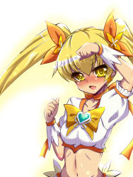 Rule 34 | 10s, 1girl, blonde hair, blush, bow, brooch, cure sunshine, fang, hair ribbon, heart, heart brooch, heartcatch precure!, magical girl, midriff, myoudouin itsuki, navel, orange bow, precure, ribbon, sanaka, solo, twintails, white background, wrist cuffs, yellow bow, yellow eyes