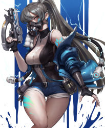 Rule 34 | 1girl, bare shoulders, belt, black gloves, black hair, breasts, cable, cleavage, earrings, electricity, fingerless gloves, gas mask, gloves, gun, highres, holding, holding gun, holding weapon, jacket, jewelry, long hair, looking at viewer, mask, navel, nuker (nukerdraws), original, ponytail, see-through, shorts, solo, weapon, yellow eyes