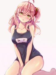 Rule 34 | 1girl, ahoge, alternate costume, bare shoulders, bell, blush, breasts, cleavage, collarbone, green eyes, hair bell, hair ornament, hairclip, highres, hololive, long hair, looking at viewer, pink hair, sakura miko, school swimsuit, simple background, solo, swimsuit, tmo-cat, virtual youtuber, white background, x hair ornament