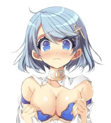 Rule 34 | 1girl, ahoge, armor, bad id, bad pixiv id, bare shoulders, blue eyes, blue hair, blush, breastplate, breasts, broken armor, cleavage, closed mouth, collarbone, colored eyelashes, eyelashes, fortissimo, frown, hair ornament, highres, mahou shoujo madoka magica, mahou shoujo madoka magica (anime), medium breasts, miki sayaka, miki sayaka (magical girl), misteor, musical note, musical note hair ornament, short hair, simple background, solo, swept bangs, tareme, torn clothes, upper body, wavy mouth, white background
