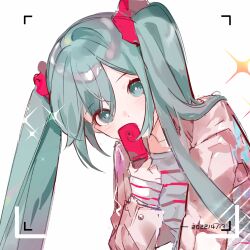 Rule 34 | 1girl, absurdres, blue eyes, blue hair, blush, cellphone, flip phone, hatsune miku, highres, jacket, long hair, miermere, open clothes, open jacket, phone, pink jacket, shirt, solo, striped clothes, striped shirt, twintails, vocaloid