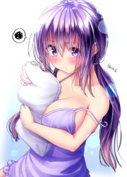 Rule 34 | 1girl, blue background, blush, breasts, cleavage, dress, large breasts, lens flare, long hair, looking at viewer, mokufuu, nightgown, hugging object, original, pillow, pillow hug, purple dress, purple eyes, purple hair, purple nightgown, ribbon, solo, speech bubble, tagme, twitter username