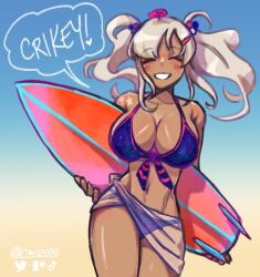Rule 34 | 1girl, bikini, blonde hair, blue bikini, blush, breasts, cleavage, closed eyes, english text, grin, highres, hollewdz, hololive, hololive english, large breasts, legs, navel, sarong, smile, solo, surfboard, swimsuit, thick thighs, thighs, toned, tsukumo sana, twintails, virtual youtuber
