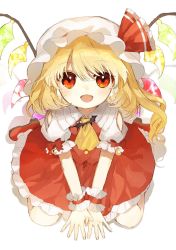 Rule 34 | 1girl, bad id, bad twitter id, bat (animal), blonde hair, bow, commentary request, crescent, crystal, fangs, flandre scarlet, from above, hat, hat ribbon, highres, long hair, looking at viewer, looking up, mob cap, open mouth, red bow, red footwear, red ribbon, red skirt, red vest, ribbon, shirt, shoes, short sleeves, shoudoku taishi (taishi), side ponytail, sitting, skirt, smile, solo, touhou, vest, wariza, white background, white hat, white shirt, wings, wrist cuffs, yellow neckwear