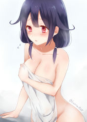 Rule 34 | 10s, 1girl, blush, breasts, cleavage, covering breasts, covering privates, embarrassed, flying sweatdrops, hair flaps, kantai collection, large breasts, long hair, naked towel, nude cover, purple hair, red eyes, sakiryo kanna, solo, sweatdrop, taigei (kancolle), towel, twitter username