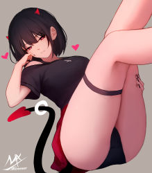 Rule 34 | 1girl, absurdres, ass, black-haired demon girl (shimmer), black hair, black nails, black panties, black shirt, breasts, closed mouth, demon girl, demon horns, demon tail, feet out of frame, grey background, hair between eyes, half-closed eyes, hand on own thigh, hand on thigh, heart, heart-shaped pupils, highres, horns, legs up, looking at viewer, lying, medium breasts, nail polish, off shoulder, on back, original, panties, pleated skirt, red eyes, red skirt, shimmer, shirt, simple background, skindentation, skirt, solo, symbol-shaped pupils, tail, thigh strap, thighs, underwear