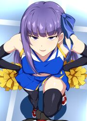 Rule 34 | absurdres, alternate breast size, bare shoulders, black thighhighs, blue ribbon, blunt bangs, breasts, cheerleader, covered erect nipples, detached sleeves, erection, fate/grand order, fate (series), from above, hair ribbon, highres, holding, holding pom poms, large breasts, leg up, long hair, looking at viewer, medium breasts, meltryllis (fate), midriff, mokichi (nvzy3n), pom pom (cheerleading), pom poms, purple eyes, purple hair, red footwear, ribbon, sidelocks, smirk, thighhighs