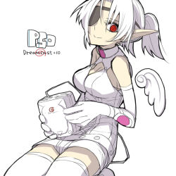 Rule 34 | 1girl, albino, amamiya ten&#039;ya, angel wings, bare shoulders, belt, breasts, copyright name, elbow gloves, eyepatch, game console, gloves, hunewearl, light smile, looking at viewer, phantasy star, phantasy star online, pointy ears, ponytail, red eyes, sega dreamcast, seiza, shorts, simple background, sitting, sketch, sleeveless, solo, thighhighs, white background, white hair, white theme, wings