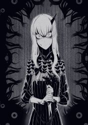 Rule 34 | 1girl, blood, blood splatter, bloody weapon, closed mouth, fate/grand order, fate (series), fingernails, greyscale, hair between eyes, highres, holding, holding knife, horns, knife, lavinia whateley (fate), long hair, long sleeves, looking at viewer, monochrome, nakamura regura, reverse grip, sanpaku, single horn, solo, standing, static, turtleneck, two-handed, weapon, wide-eyed