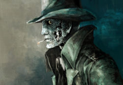 Rule 34 | 1boy, android, black necktie, cigarette, coat, fallout (series), fallout 4, hat, jacket, male focus, matajirou (matagiro), necktie, nick valentine, pale skin, profile, simple background, smoking, solo, trench coat, yellow eyes