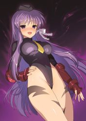 Rule 34 | 1girl, absurdres, black hat, blush, breasts, cammy white, cammy white (cosplay), clannad, commission, corruption, cosplay, dark persona, empty eyes, fingerless gloves, from behind, fujibayashi kyou, gloves, hair ribbon, hand on own hip, hat, highres, hotaru iori, ichimi renge, leotard, long hair, looking at viewer, necktie, nose blush, open mouth, pixiv commission, purple eyes, purple hair, red gloves, ribbed leotard, ribbon, solo, street fighter, street fighter zero (series), white ribbon, yellow necktie