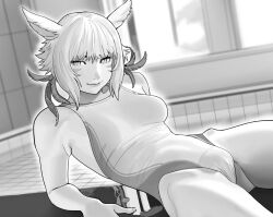 Rule 34 | 1girl, alternate costume, animal ears, cat ears, cat girl, cat tail, facial mark, final fantasy, final fantasy xiv, highleg, highleg one-piece swimsuit, low twintails, matheu gafanhot, miqo&#039;te, one-piece swimsuit, pool, solo, swimsuit, tail, twintails, y&#039;shtola rhul