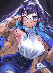 Rule 34 | 1girl, animal charm, black-framed eyewear, blue eyes, blue hair, blue pants, blush, boros (ouro kronii), breasts, brown jacket, commentary, denim, english commentary, freeze-ex, glasses, hololive, hololive english, jacket, jeans, charm (object), large breasts, long hair, looking at viewer, one eye closed, ouro kronii, ouro kronii (casual), pants, shirt, smile, torn clothes, torn pants, virtual youtuber, white shirt