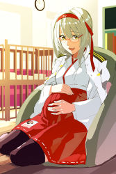 Rule 34 | 10s, 1girl, :d, bespectacled, glasses, hairband, japanese clothes, jewelry, kantai collection, long hair, miko, open mouth, pregnant, red-framed eyewear, ring, ruuto (sorufu), shoukaku (kancolle), silver hair, sitting, sketch, smile, solo, thighhighs, wedding band, yellow eyes