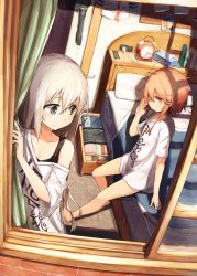 Rule 34 | 10s, 2girls, ahoge, alternate costume, barefoot, beize (garbage), blouse, blue eyes, brown hair, cellphone, clock, clothes writing, commentary request, hair between eyes, hair ornament, highres, i-58 (kancolle), iphone, kantai collection, long hair, messy hair, multiple girls, phone, platinum blonde hair, print shirt, red eyes, shirt, short hair with long locks, shorts, sitting, sleeping, smartphone, sports bra, swimsuit, t-shirt, u-511 (kancolle), unworn swimsuit, usb, very long hair, waking up, white shirt, window
