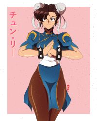 Rule 34 | 1990s (style), 1girl, absurdres, bracelet, breasts, brown eyes, brown hair, brown pantyhose, bun cover, capcom, china dress, chinese clothes, chun-li, closed mouth, commentary, double bun, dress, earrings, gold trim, hair bun, hair ornament, highres, jewelry, looking at viewer, medium breasts, pantyhose, peachyboi, pelvic curtain, pink background, puffy short sleeves, puffy sleeves, retro artstyle, shiny clothes, shiny skin, short sleeves, simple background, smile, solo, spiked bracelet, spikes, street fighter, street fighter ii (series), turtleneck