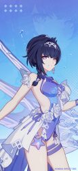 Rule 34 | 1girl, bare shoulders, blue theme, bracelet, braid, breasts, bubble, chinese commentary, highres, honkai (series), honkai impact 3rd, jewelry, large breasts, logo, looking at viewer, medium hair, multiple swords, official art, official wallpaper, raiden mei, raiden mei (herrscher of origin), simple background, smile, solo, swimsuit, sword, thigh strap, upper body, weapon
