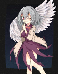 Rule 34 | 1girl, ;d, bow, bowtie, braid, breasts, dress, french braid, jacket, kishin sagume, knees together feet apart, large breasts, legs, long sleeves, looking at viewer, one eye closed, open clothes, open jacket, open mouth, purple dress, red bow, red eyes, simple background, single wing, sky, smile, solo, space, star (sky), starry sky, touhou, user cwdv2523, wings