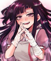 Rule 34 | 1girl, :d, apron, bandaged arm, bandages, blunt bangs, blush, breasts, commentary request, danganronpa (series), danganronpa 2: goodbye despair, gloves, hands up, large breasts, long hair, looking at viewer, medium breasts, messy hair, mole, mole under eye, open mouth, pink shirt, puffy short sleeves, puffy sleeves, purple hair, shirt, short sleeves, sk816, smile, solo, tsumiki mikan, upper body, white apron, white gloves