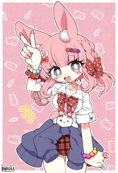 Rule 34 | 1girl, animal ears, artist name, blush stickers, bow, bracelet, breasts, carrot, chibi, clothes around waist, commission, commissioner name, funamusea (artist), grey eyes, hair ornament, heart, highres, jewelry, large breasts, multiple bracelets, nail polish, necklace, original, pink background, pink hair, pink nails, plaid, plaid skirt, polka dot, polka dot bow, rabbit, rabbit ears, rabbit girl, red bow, skeb commission, skirt, solo