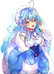 Rule 34 | 1girl, ahoge, bare shoulders, beret, blue hair, blush, breasts, commentary request, detached sleeves, expressive hair, flower, fur trim, hair between eyes, hair flower, hair ornament, half updo, hat, heart, highres, hinomi sakamaki, hololive, long hair, looking at viewer, medium breasts, open mouth, pointy ears, sidelocks, simple background, solo, virtual youtuber, white background, yellow eyes, yukihana lamy