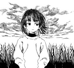 Rule 34 | 1girl, absurdres, closed mouth, cloud, cloudy sky, commentary request, expressionless, greyscale, highres, long sleeves, monochrome, muji (uimss), original, outdoors, plant, short hair, sky, solo, sweater, turtleneck, turtleneck sweater, upper body