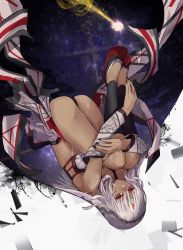 Rule 34 | 10s, 1girl, altera (fate), bare shoulders, black panties, dark-skinned female, dark skin, detached sleeves, eisuto, fate/extella, fate/extra, fate/grand order, fate (series), full body, highres, hugging own legs, looking at viewer, nail polish, panties, parted lips, red eyes, short hair, skirt, solo, underwear, upside-down, veil, white hair, white skirt