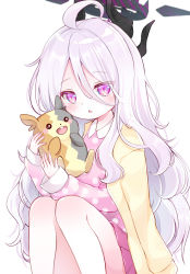 Rule 34 | 1girl, :d, absurdres, ahoge, animal, animal hug, blue archive, commentary request, creatures (company), crossover, demon girl, demon horns, eyes visible through hair, game freak, gen 8 pokemon, hair between eyes, halo, highres, hina (blue archive), hina (pajamas) (blue archive), horns, jacket, knees to chest, knees together feet apart, knees up, long hair, long sleeves, looking at viewer, morpeko, ni kiro, nintendo, official alternate costume, open mouth, pajamas, parted lips, pink pajamas, pleated skirt, pokemon, pokemon (creature), polka dot, polka dot pajamas, purple eyes, sidelocks, simple background, sitting, skirt, smile, sweater, sweater jacket, white background, white hair, yellow sweater