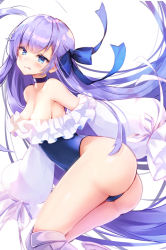 Rule 34 | 1girl, ass, bad id, bad pixiv id, bare shoulders, blue eyes, blue one-piece swimsuit, blue ribbon, breasts, choker, fate/grand order, fate (series), frills, hair between eyes, highres, licking lips, long hair, long sleeves, looking at viewer, meltryllis, meltryllis (fate), meltryllis (swimsuit lancer) (fate), meltryllis (swimsuit lancer) (second ascension) (fate), nekomugiharu, one-piece swimsuit, puffy sleeves, purple hair, ribbon, simple background, sleeves past fingers, sleeves past wrists, small breasts, solo, swimsuit, thighs, tongue, tongue out, very long hair, white background