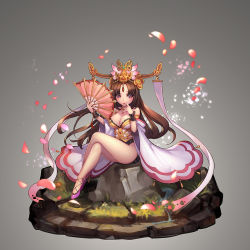 Rule 34 | 1girl, breasts, brown hair, cleavage, detached sleeves, diao chan, finger in own mouth, gradient background, hand fan, headwear request, large breasts, long hair, petals, purple eyes, romance of the three kingdoms, ryushin, sitting, smile, solo, stone