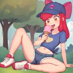 Rule 34 | 1girl, absurdres, apple bloom, baseball cap, blue sky, child, crop top, day, denim, denim shorts, food, grass, hair ribbon, hat, highres, humanization, ice cream, ice cream cone, long hair, midriff, my little pony, my little pony: friendship is magic, navel, open mouth, orange eyes, outdoors, red hair, ribbon, shoes, short sleeves, shorts, sitting, sky, smile, sneakers, socks, solo, spread legs, teeth, tongue, tongue out, tree, upper teeth only, white socks