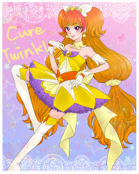 Rule 34 | 1girl, amanogawa kirara, bad id, bad pixiv id, bare shoulders, boots, brown hair, character name, cure twinkle, detached collar, dress, earrings, gloves, go! princess precure, hand on own hip, jewelry, long hair, magical girl, multicolored hair, otanagare, precure, purple eyes, smile, solo, star (symbol), star earrings, thigh boots, thighhighs, twintails, two-tone hair, very long hair, white gloves, zettai ryouiki