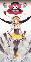 Rule 34 | 10s, 1girl, :q, blonde hair, blurry, breasts, charlotte (madoka magica), checkered floor, depth of field, detached sleeves, drill hair, fingerless gloves, gloves, gun, hair ornament, large breasts, magical girl, magical musket, mahou shoujo madoka magica, mahou shoujo madoka magica (anime), mireisaki, multicolored eyes, musket, rifle, striped clothes, striped thighhighs, thighhighs, tomoe mami, tongue, tongue out, vertical-striped clothes, vertical-striped thighhighs, weapon, yellow eyes