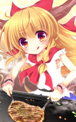 Rule 34 | 1girl, :q, belt, blush, bow, commentary request, cooking, enjoy mix, food, hair bow, holding, holding spatula, horns, ibuki suika, long hair, looking at viewer, neckerchief, okonomiyaki, orange eyes, orange hair, red bow, red neckerchief, shirt, sidelocks, sleeveless, sleeveless shirt, solo, spatula, steam, tongue, tongue out, torn clothes, torn sleeves, touhou, v-shaped eyebrows, white shirt, wrist cuffs