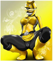 Rule 34 | breasts, go busters, jumpsuit, large breasts, queen vegeta 69, squatting, super sentai, thick thighs, thighs, yellow buster, yellow jumpsuit