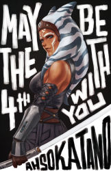 Rule 34 | 1girl, absurdres, ahsoka tano, alien, argyle, argyle clothes, argyle cutout, belt, black background, black sleeves, blue eyes, blue hair, breasts, brown belt, brown gloves, brown lips, character name, clothing cutout, colored skin, commentary, detached sleeves, energy sword, english commentary, english text, facial tattoo, forehead protector, from side, gloves, highres, holding, holding weapon, lightsaber, lips, long hair, makeup, mascara, medium breasts, monori rogue, multicolored hair, nose, orange skin, pun, reverse grip, solo, star wars, sword, tattoo, tentacle hair, text focus, the mandalorian, togruta, toned, two-tone hair, vambraces, weapon, white hair, white lightsaber