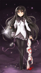 10s 1girl akemi_homura akemi_homura_(magical_girl) black_hair black_pantyhose blood boots bullet ejected_casing gun hair_ribbon hairband kyubey long_hair magazine_(weapon) magical_girl mahou_shoujo_madoka_magica mahou_shoujo_madoka_magica_(anime) pantyhose purple_eyes ribbon shell_casing silent_sakia spoilers tears thigh_boots thighhighs very_long_hair weapon