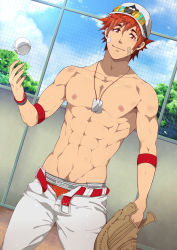 Rule 34 | 1boy, abs, absurdres, armband, ball, bandaid, bandaid on cheek, bandaid on face, baseball cap, baseball glove, belt, closed mouth, cloud, day, goggles, goggles on headwear, hat, highres, jewelry, looking at viewer, male focus, male underwear, male underwear peek, mazjojo, navel, necklace, nipples, open pants, original, outdoors, pants, pectorals, red armband, red belt, red eyes, red hair, red male underwear, short hair, sky, smile, solo, sweat, toned, toned male, topless male, underwear, white pants, wristband