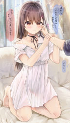 Rule 34 | 1girl, :t, ahoge, bare shoulders, barefoot, black choker, blush, breasts, brown eyes, brown hair, cheek pinching, choker, cleavage, closed mouth, collarbone, collared dress, commentary request, couch, curtains, dress, flying sweatdrops, hair between eyes, hair ornament, hairclip, highres, indoors, kneeling, long hair, maruma (maruma gic), off shoulder, on couch, original, out of frame, pinching, pout, short sleeves, small breasts, solo focus, translation request, very long hair, white dress, window