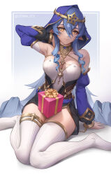 Rule 34 | 1girl, arm support, armpits, bare shoulders, blue hair, blue hood, blue sleeves, breasts, cleavage, detached sleeves, drill hair, drill sidelocks, genshin impact, gold choker, highres, hood, hood up, juliet sleeves, large breasts, layla (genshin impact), long sleeves, pointy ears, puffy sleeves, sidelocks, sitting, solo, stormstx, thighhighs, thighlet, twin drills, wariza, white background, yellow eyes