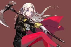 1girl axe blonde_hair brown_background cape closed_mouth edelgard_von_hresvelg fire_emblem fire_emblem:_three_houses from_side gloves hair_ribbon holding holding_axe long_hair long_sleeves looking_to_the_side mikami nintendo pantyhose purple_eyes red_cape red_pantyhose ribbon simple_background sitting solo white_gloves