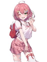 Rule 34 | 35p (sakura miko), :d, ahoge, alternate hairstyle, animal print, backpack, bag, bandaid on thigh, breast pocket, breasts, cat hair ornament, cat print, cowboy shot, crop top, crop top overhang, green eyes, hair between eyes, hair ornament, hairclip, hand up, highres, hololive, large breasts, looking at viewer, midriff, miniskirt, neck ribbon, official alternate costume, official alternate hairstyle, one eye closed, open mouth, pink hair, pink skirt, pleated skirt, pocket, red bag, red ribbon, ribbon, sailor collar, sakura miko, sakura miko (school uniform), school uniform, serafuku, shirt, short hair, short sleeves, simple background, skirt, smile, thigh strap, thighhighs, tmo-cat, virtual youtuber, white background, white sailor collar, white shirt, white thighhighs